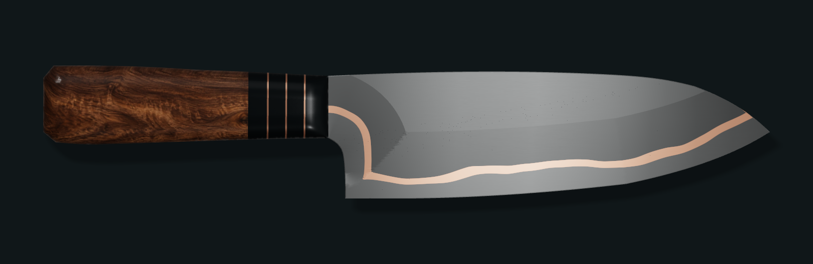 Example Chef design rendered in Studio with a smooth CuMai blade, walnut handle and copper spacers