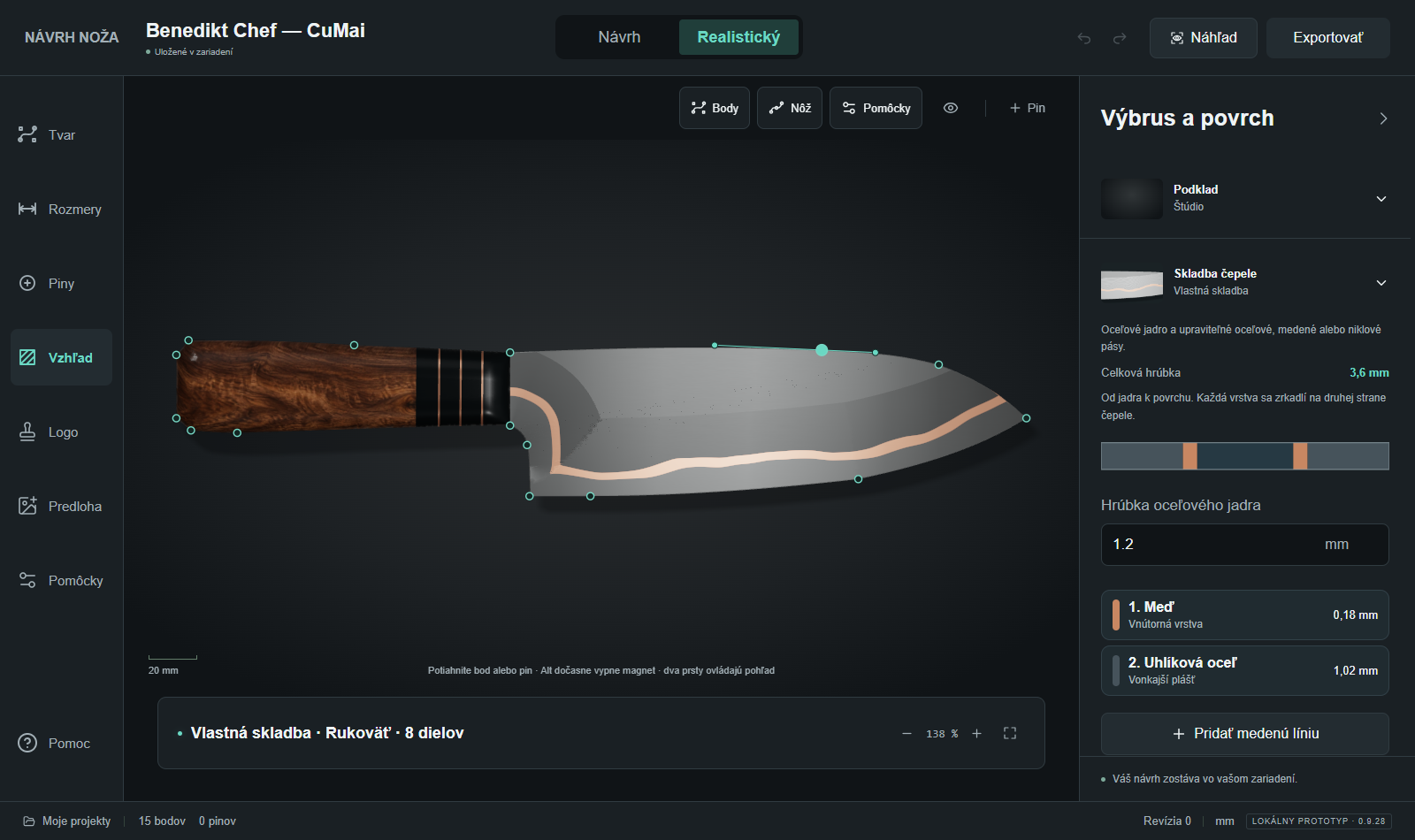 Actual Slovak Studio interface showing a realistic material preview of the example knife with appearance controls