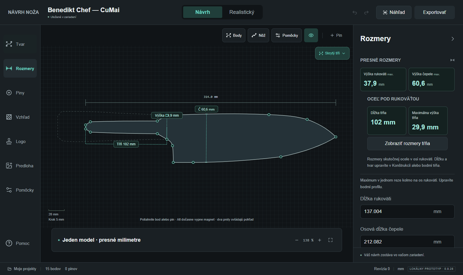 Actual Slovak Studio interface showing the example blade and hidden-tang steel profile with output options